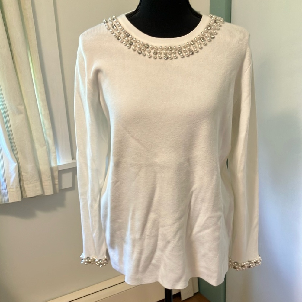 Elegant White Long Sleeve Top with Pearl Enbellishments - NWT size L